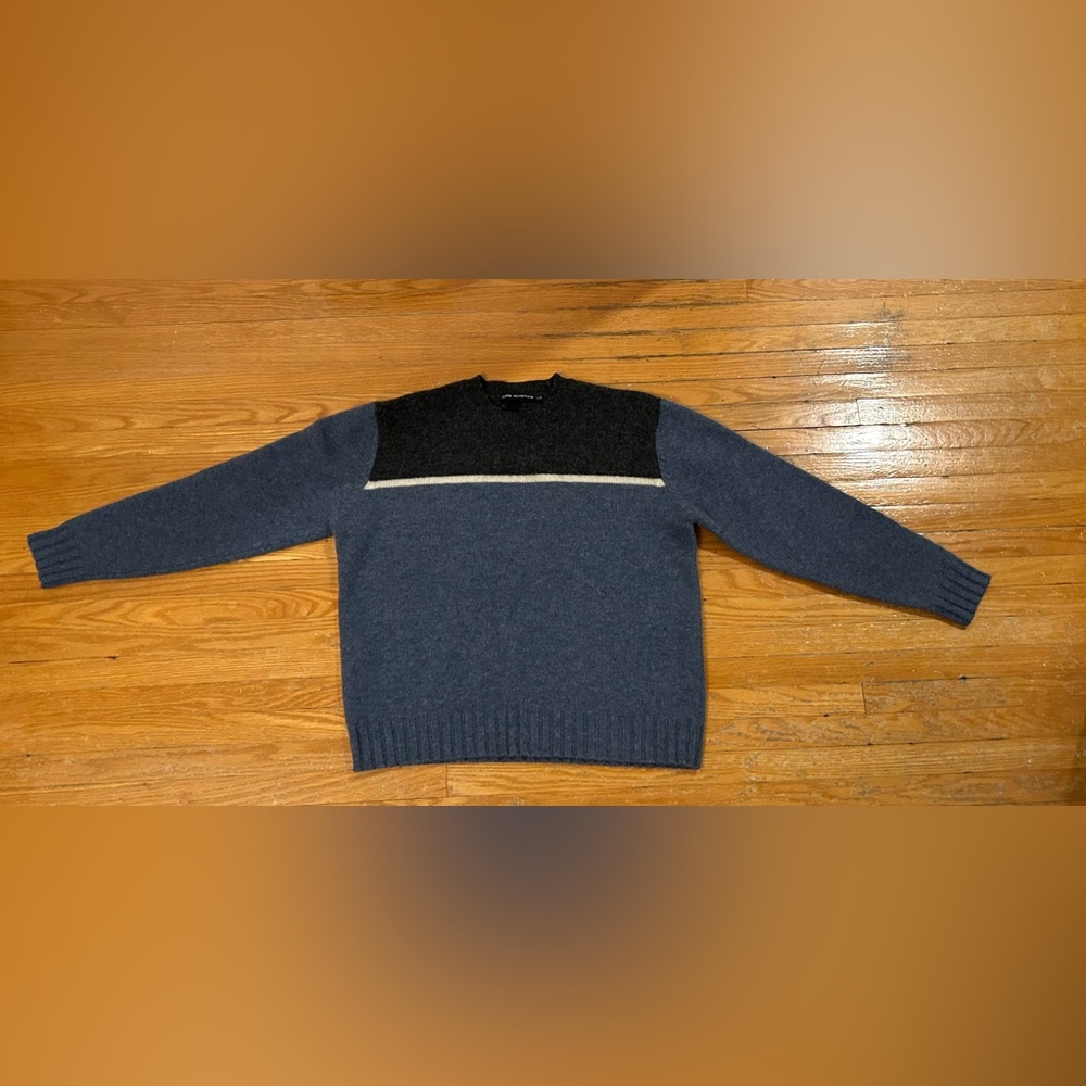 Club Monaco 100% wool light blue and grey with white stripe Crewneck Sweater